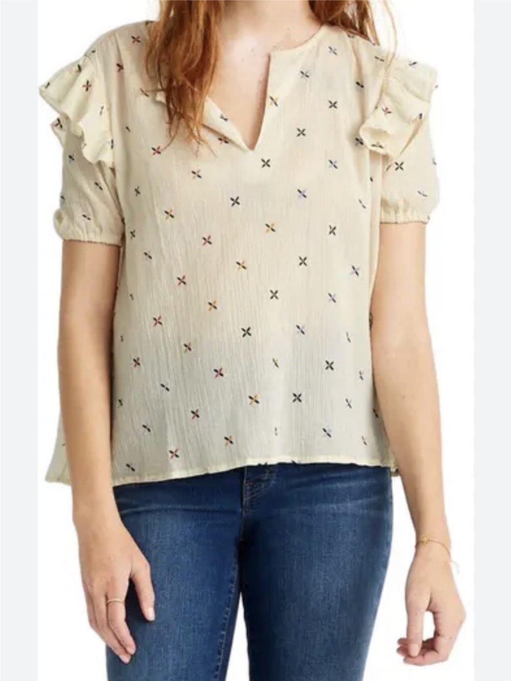 Madewell Cream Short-Sleeve Embroidered Ruffle Top